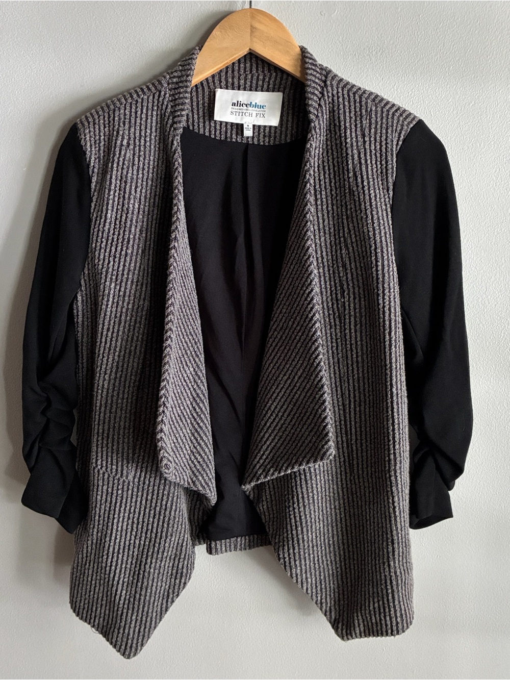 Alice Blue Stitch Fix Cardigan Jacket Small Gray Black Draped Ruched Sleeve